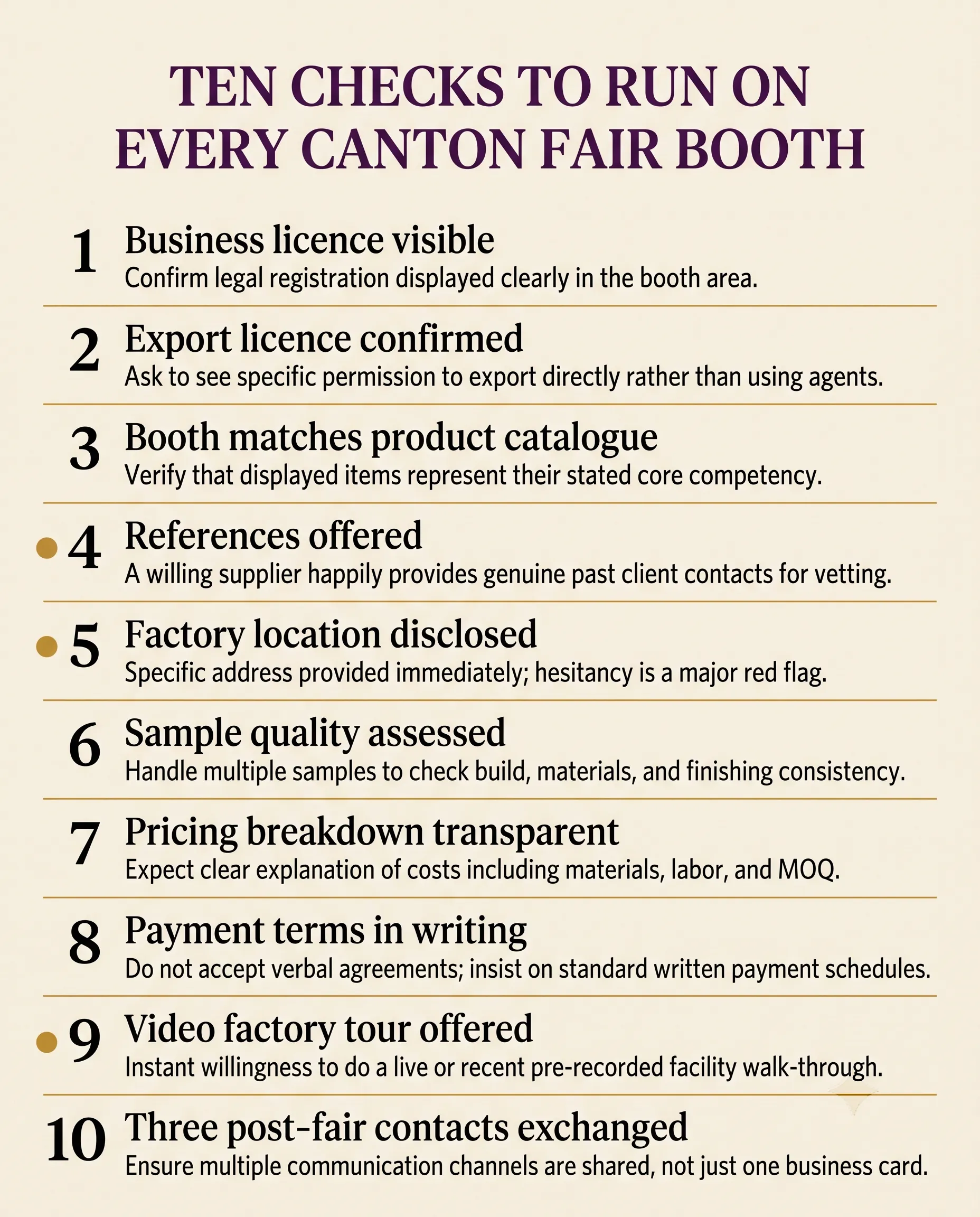 Ten booth checks infographic: business licence visible, export licence confirmed, references offered, with three disqualifiers highlighted