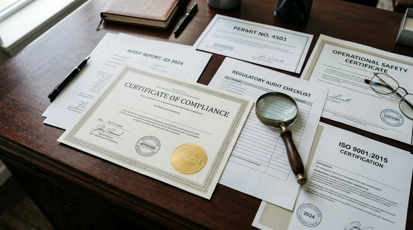 Compliance documents on a desk