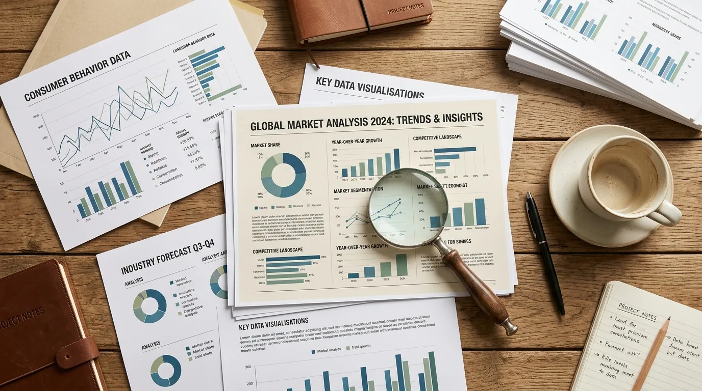 Research workspace with market analysis reports