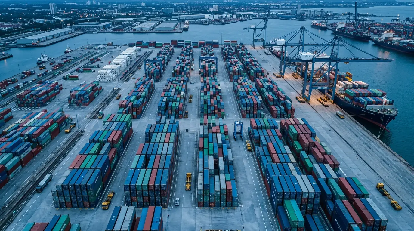 Shipping container yard at a port logistics hub